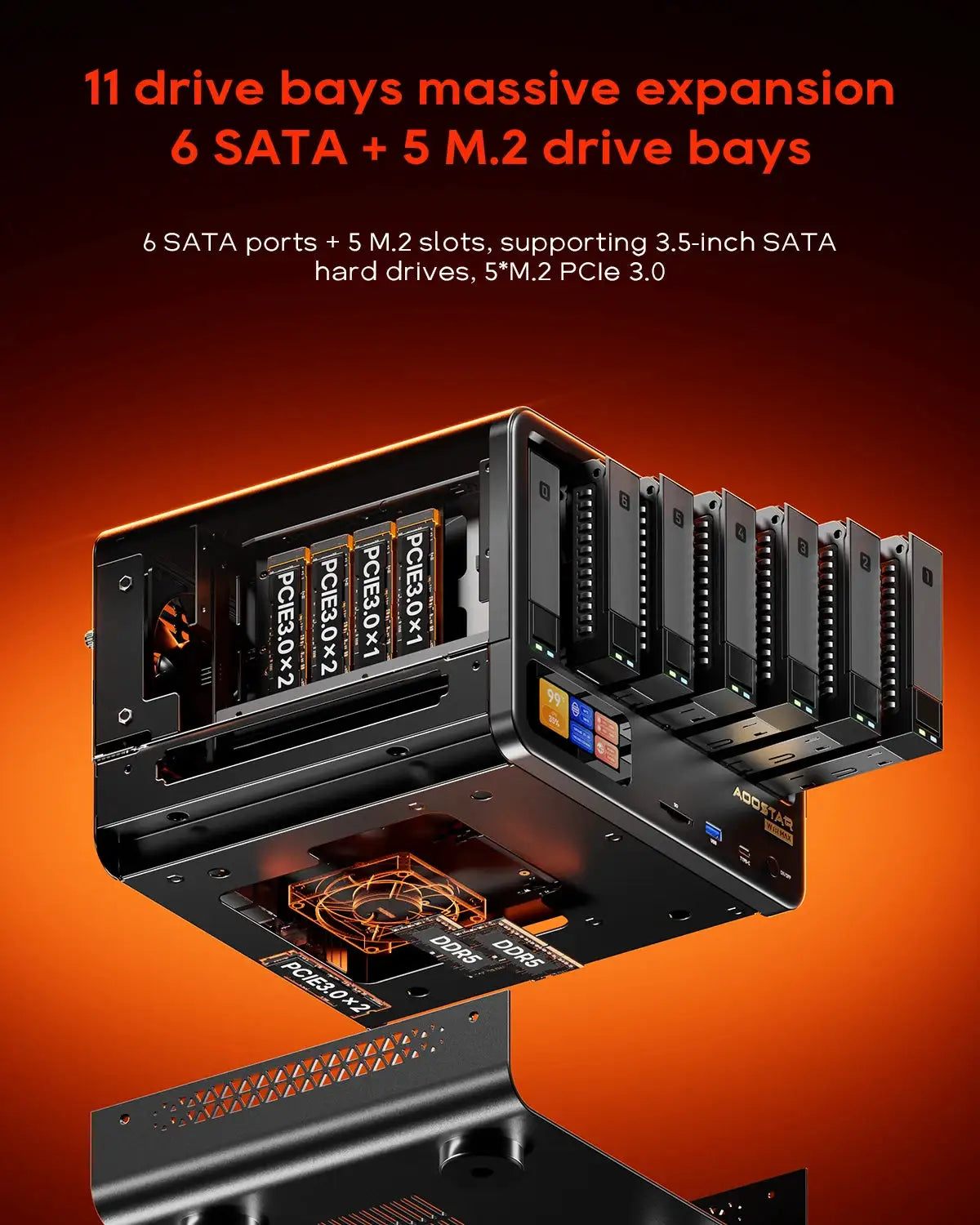 AOOSTAR WTR MAX Mini PC Intel i5-1235U Barebone NAS Server 11-Drive Bays 6 SATA+5 M.2 Dual 2.5G+10G SFP+ OCuLink eGPU Dock USB4 DDR5 Mini Computer