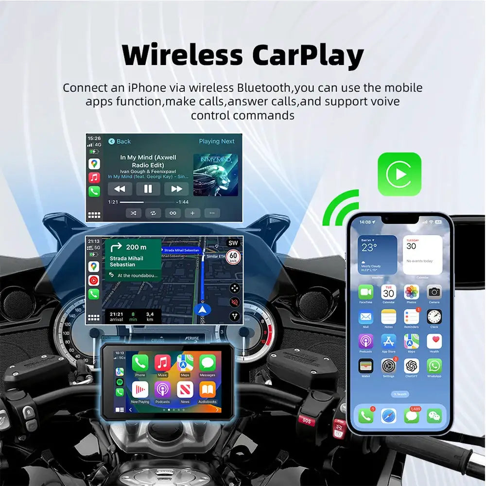 EKIY 5.0 inch Wireless CarPlay Moto Android Auto Motorcycle Dashboard Display Screen Portable Digital GPS Moto Navigation TPMS