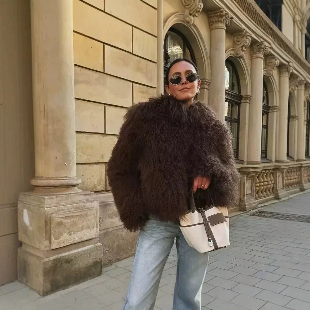Wool Lapel Faux Fur Coat
