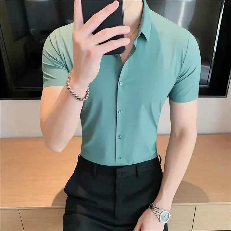 Men Solid High Elasticity Short Sleeve Shirt For Men