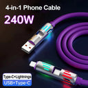 4-in-1 240W USB Type C Silicone Fast Charging Cable, For iPhone Huawei Samsung Xiaomi Durable Type-C To USB A Cable