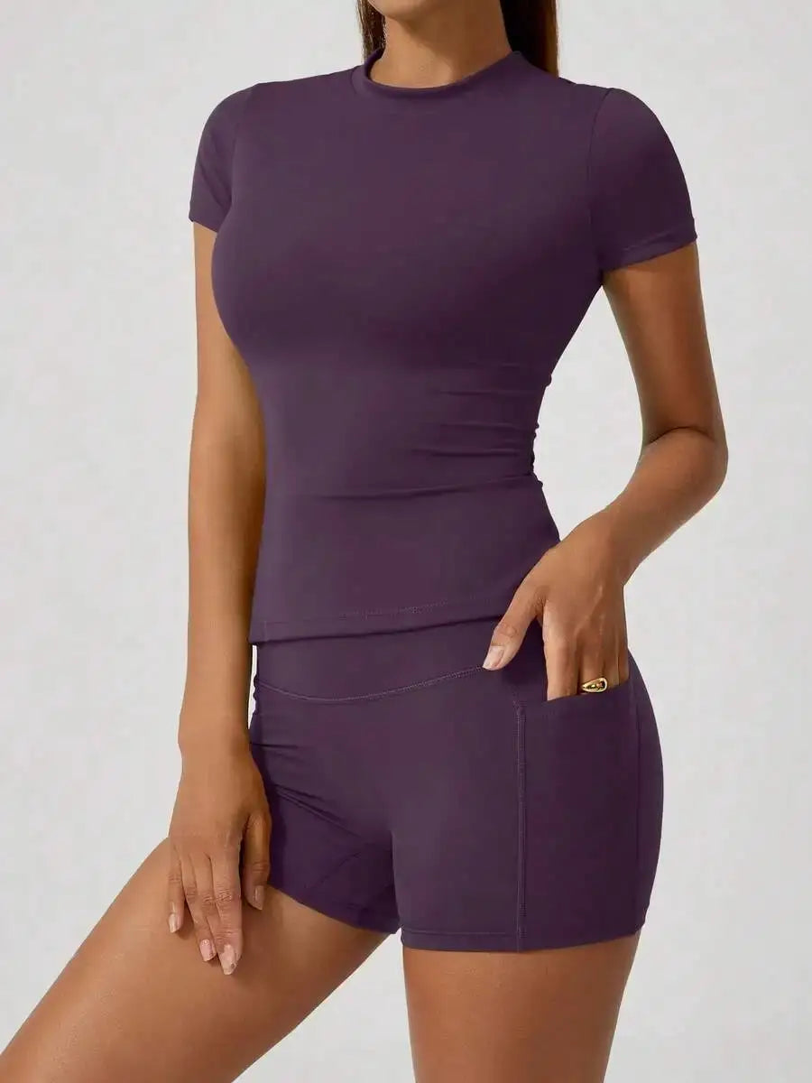 Women's Sweet Sports Short Sleeve High Waist Tummy Control Butt Lifting Shorts Set