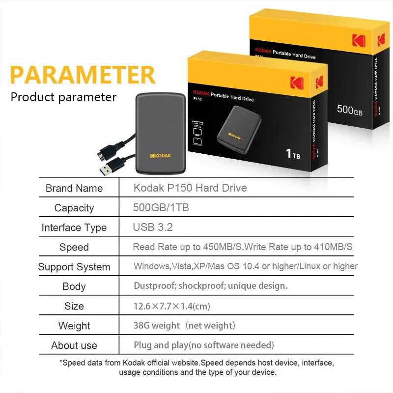 Kodak P150 2.5-inch Portable External Hard Drive 1TB/500GB Read up to 450mb/s High-Speed Storage for Laptop Desktop PS4 PS5