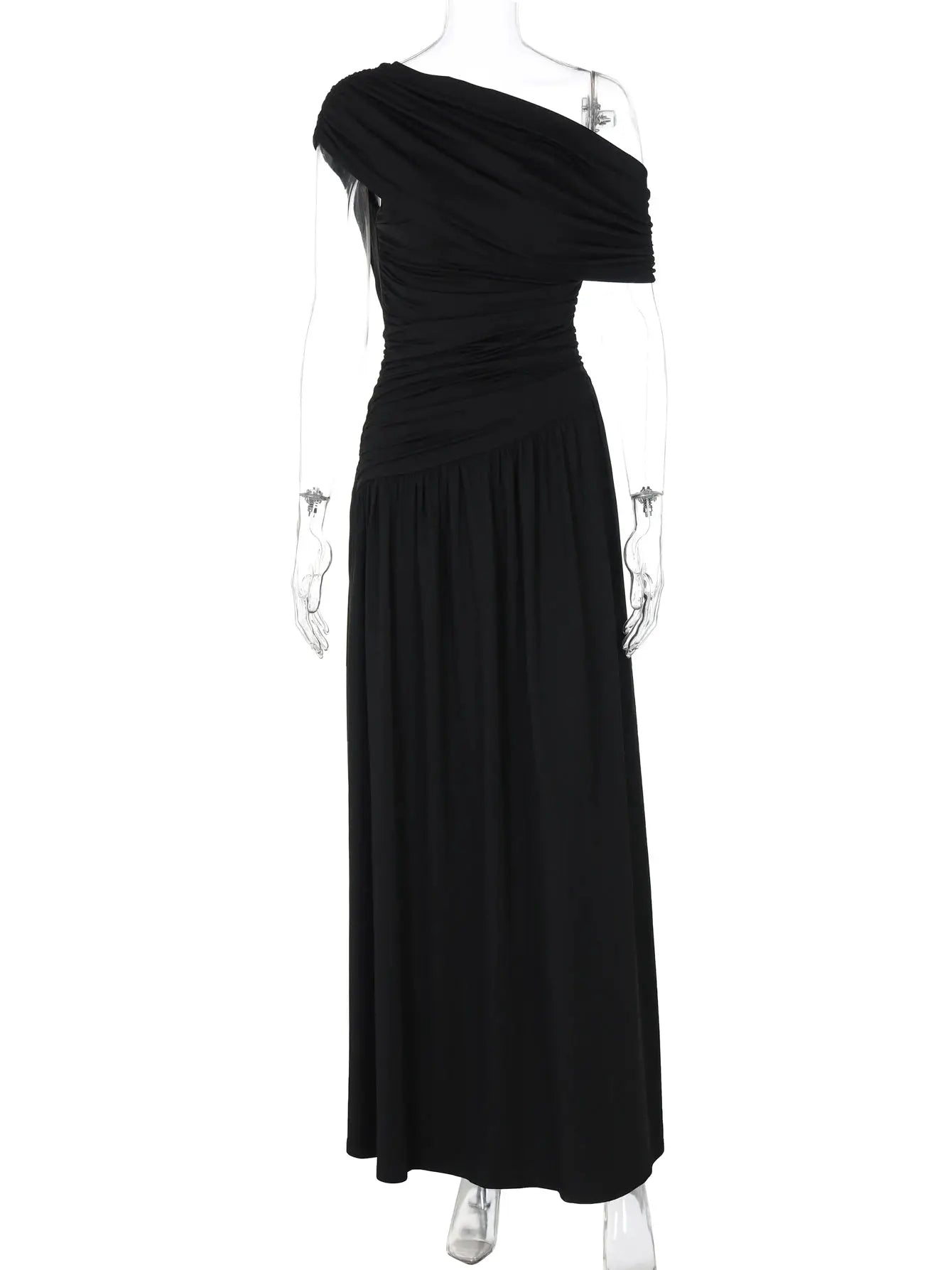 Hugcitar One Shoulder Ruched Sleeveless Solid Pleated Sexy Irregular Y2K Maxi Dress Summer Elegant Party Women Clothes Vacation