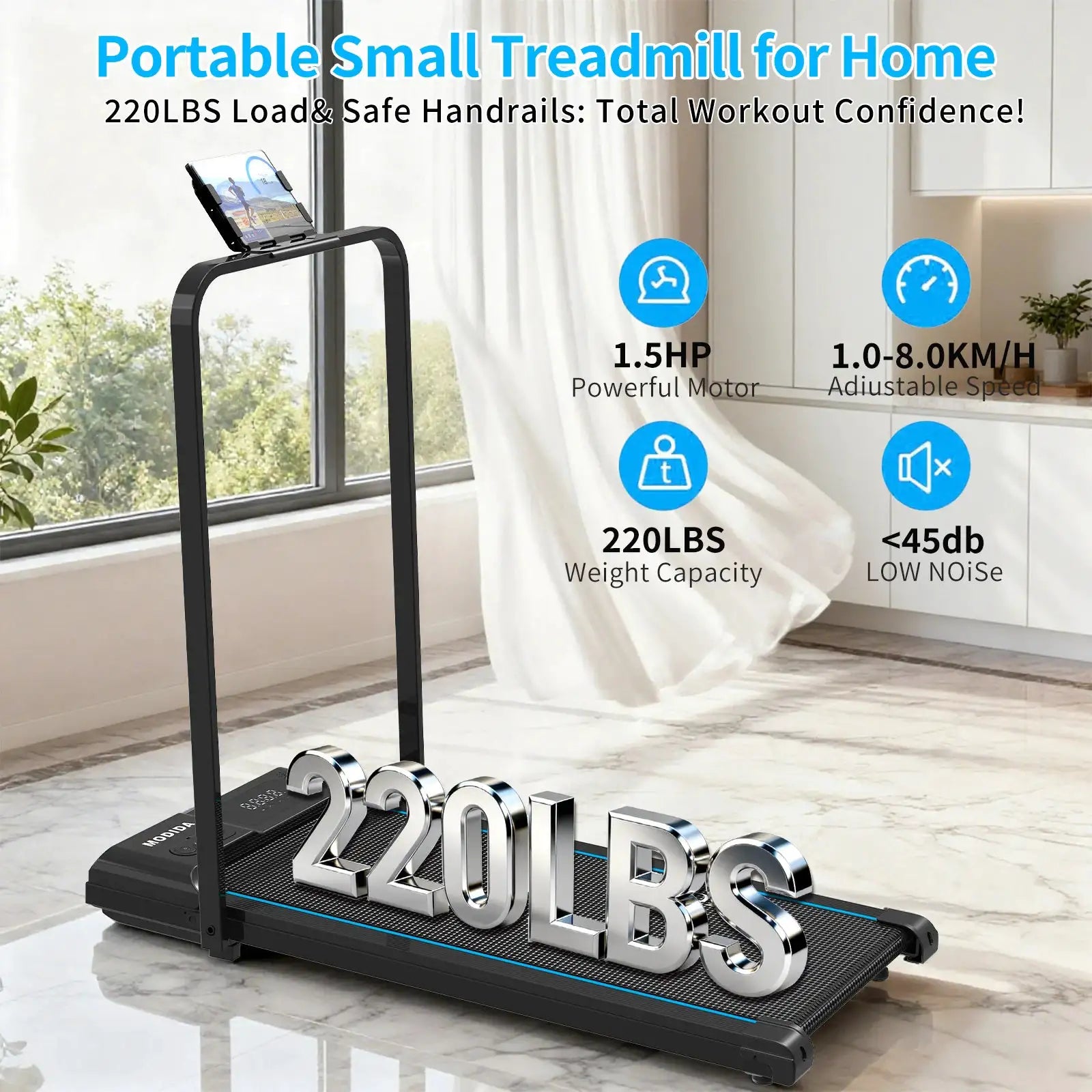 Walking Pad Treadmill with Foldable Handrail, 3.5HP Quiet Motor, 12-Speed LED Display, 300LB Capacity, Portable Under Desk Treadmill for Home Office Apartment Small Spaces