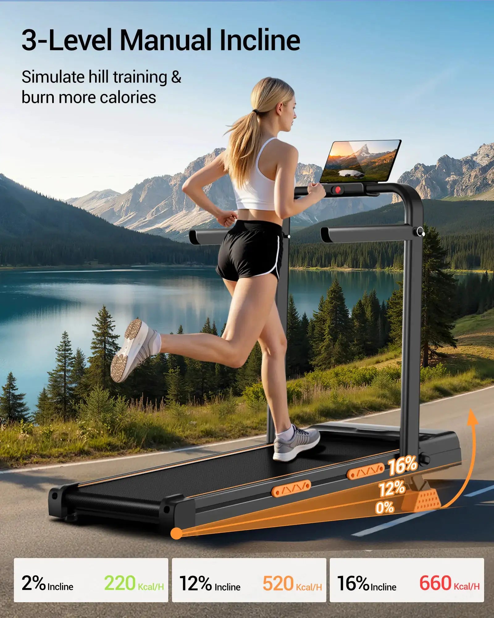 UMAY 2 In 1 Foldable Walking Running Treadmill Adjustable 15% Incline Silent Motor Max Load 136kg Home Fitness Machine