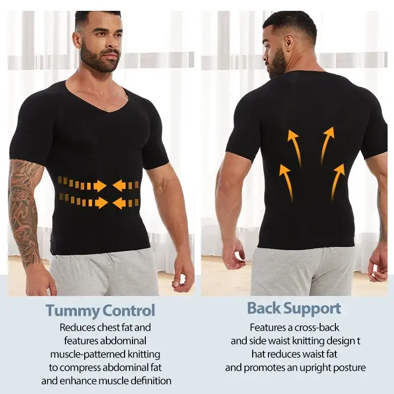 Slimming V Neck T Shirt for Men Tummy Control Fitness Tee
