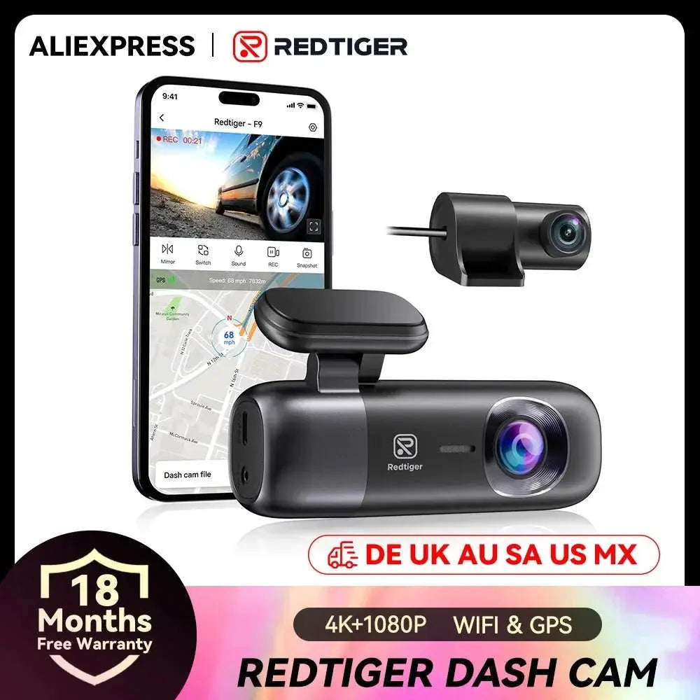 REDTIGER F9 Dash Cam 4K Front Rear WiFi GPS Parking Night Vision App Control - stepyours.com
