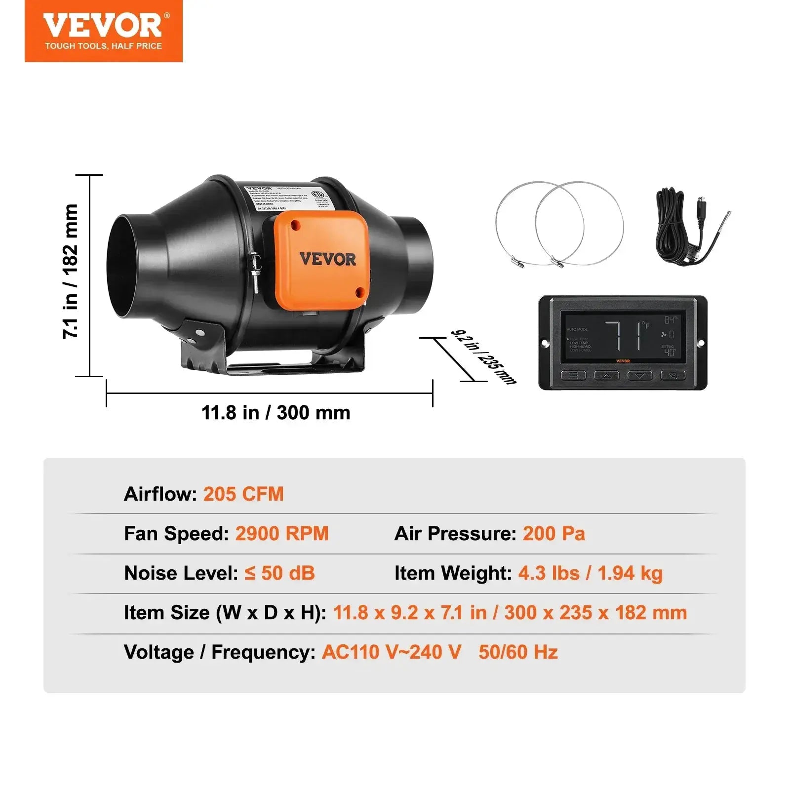 VEVOR Inline Duct Fan With Temperature Humidity Controller