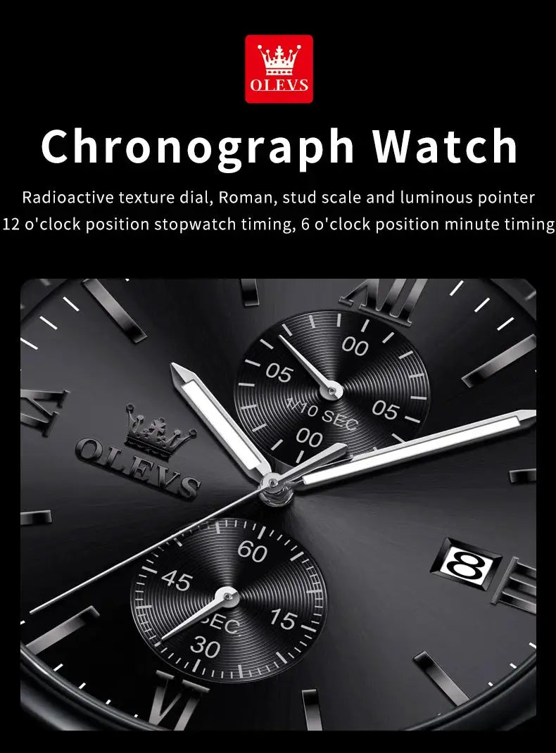 OLEVS 2886 Men's Watches Classic Multifunctional Chronograph Date Original Quartz Wristwatch Mesh Belt Waterproof Luminous Reloj