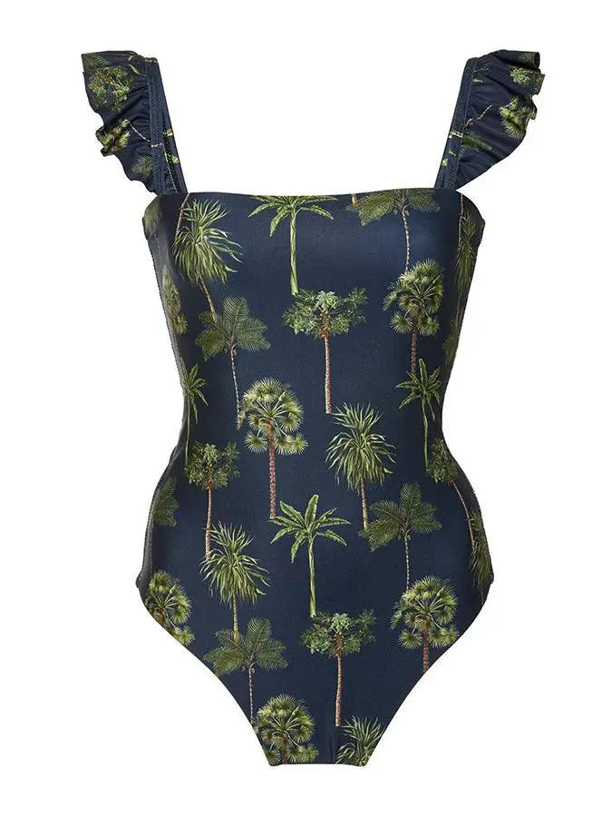 Dark Blue Floral Peplum Swimsuit Beachwear Set For Women