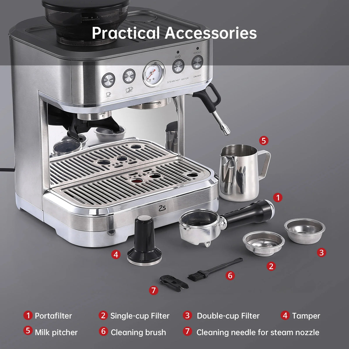 Espresso Machine with Grinder, Stainless Steel Coffee Machine — product view 6