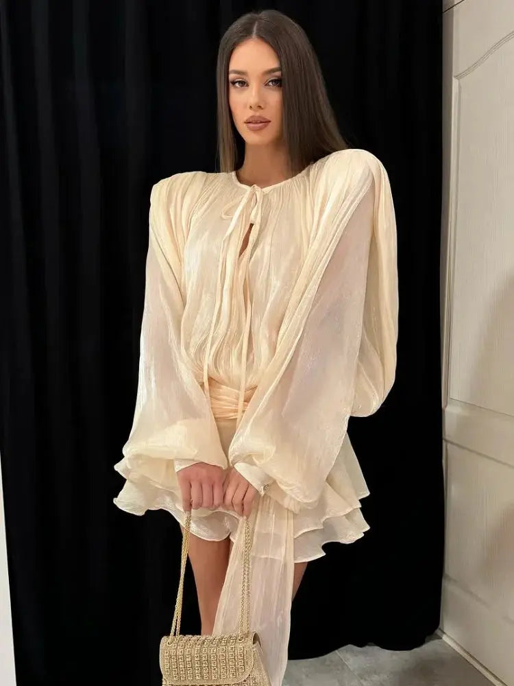 Fashion Solid Mesh Long Sleeved Backless Pleated Prom Dresses Chic Ruffle Bow Lace Up Women Mini Dresses Lady Spring Party Robe