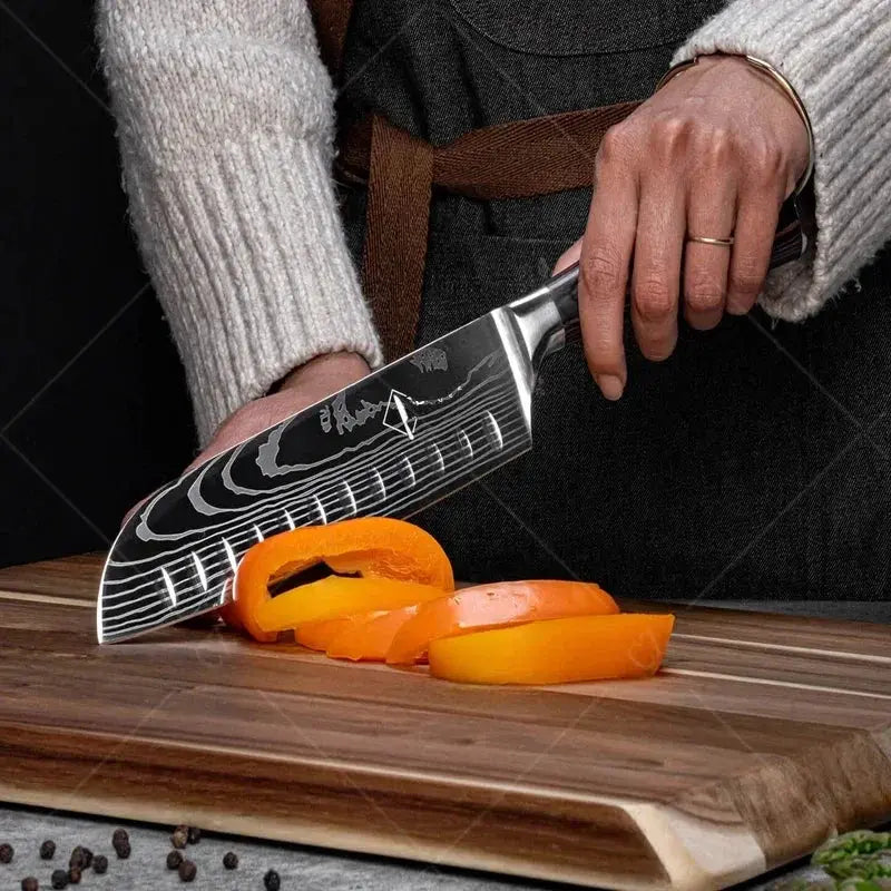 Professional Damascus Kitchen Knife Set With Santoku Cleaver