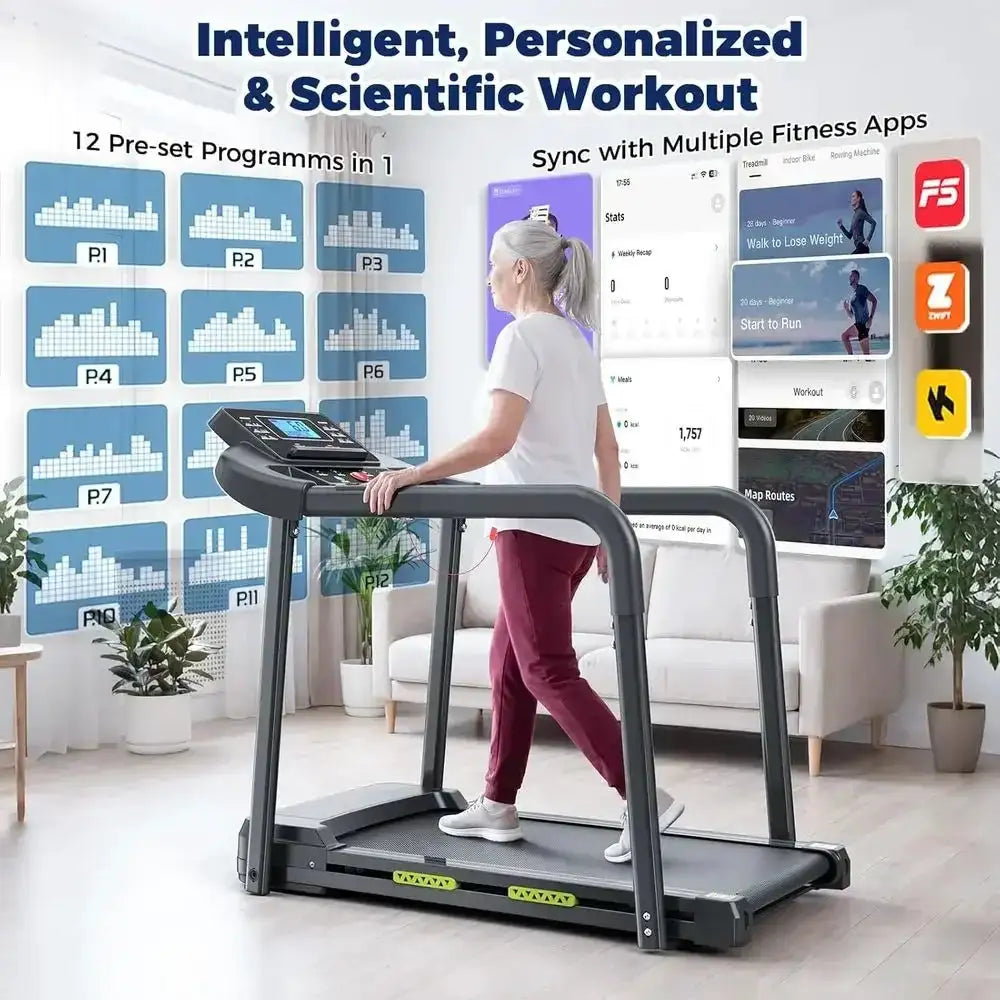 Senior-Friendly Home Treadmill with Long Rails, Heart Rate Monitor, Wide Belt, 2.5 HP, 300 lbs Capacity, PAD Stand & Cup Holder