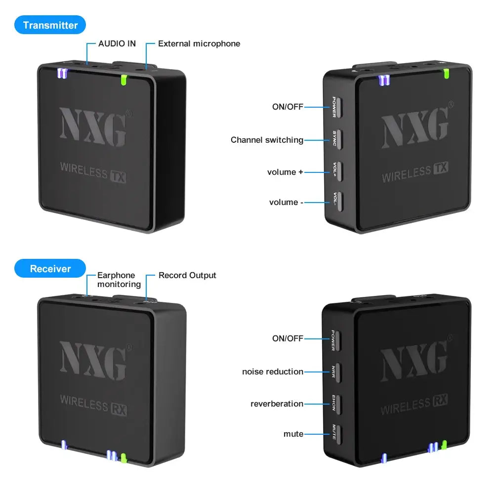Factory Direct NXG Wireless Lavalier Microphone 1‑to‑1/2 Dual Transmitter Lapel Mic Noise Cancelling 360° Pickup For Smartphone Camera Vlogging Live Broadcast