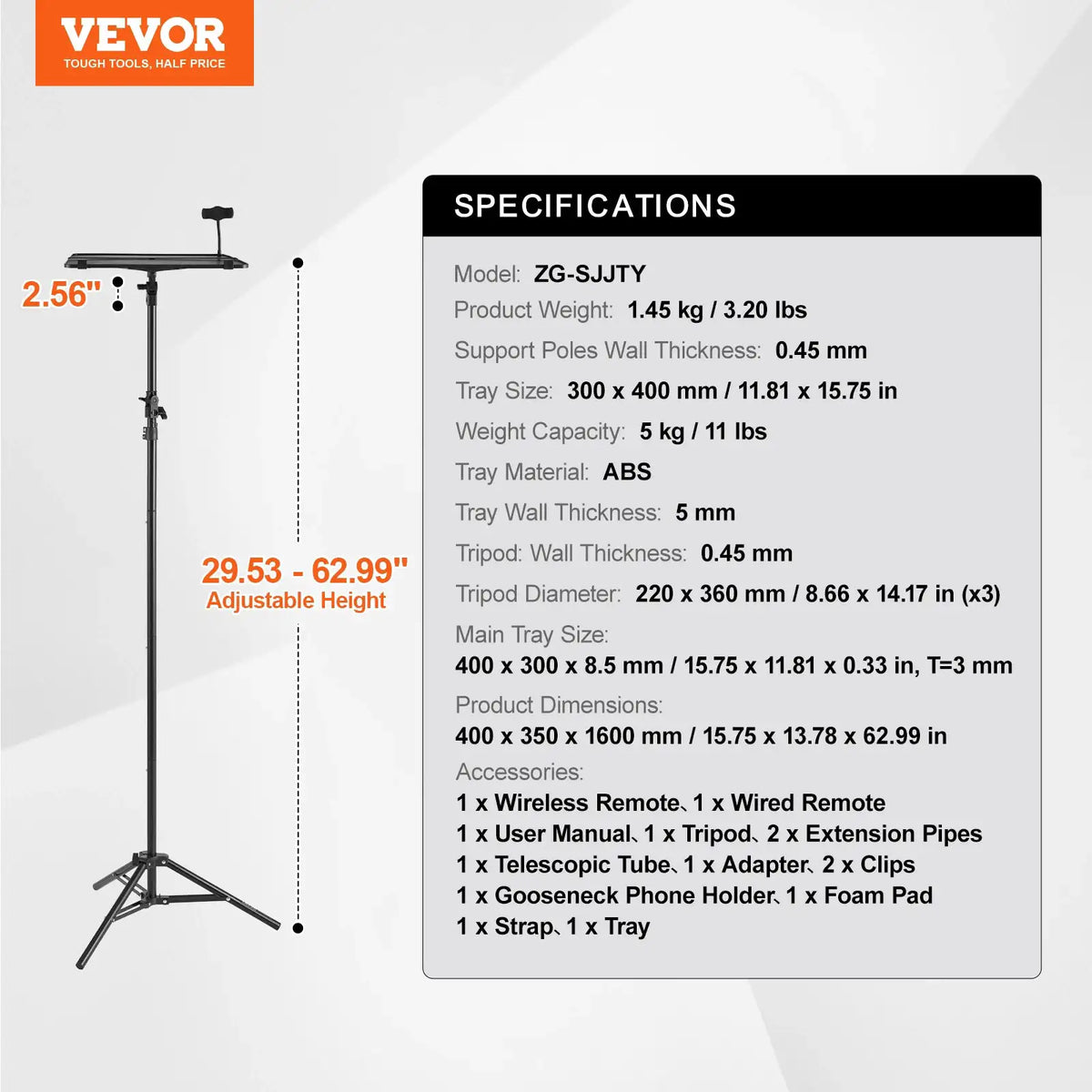 SucceBuy Portable Projector Tripod Stand Adjustable Height w/ Tray & Gooseneck Phone Holder for Outdoor Movies Home Office Stage