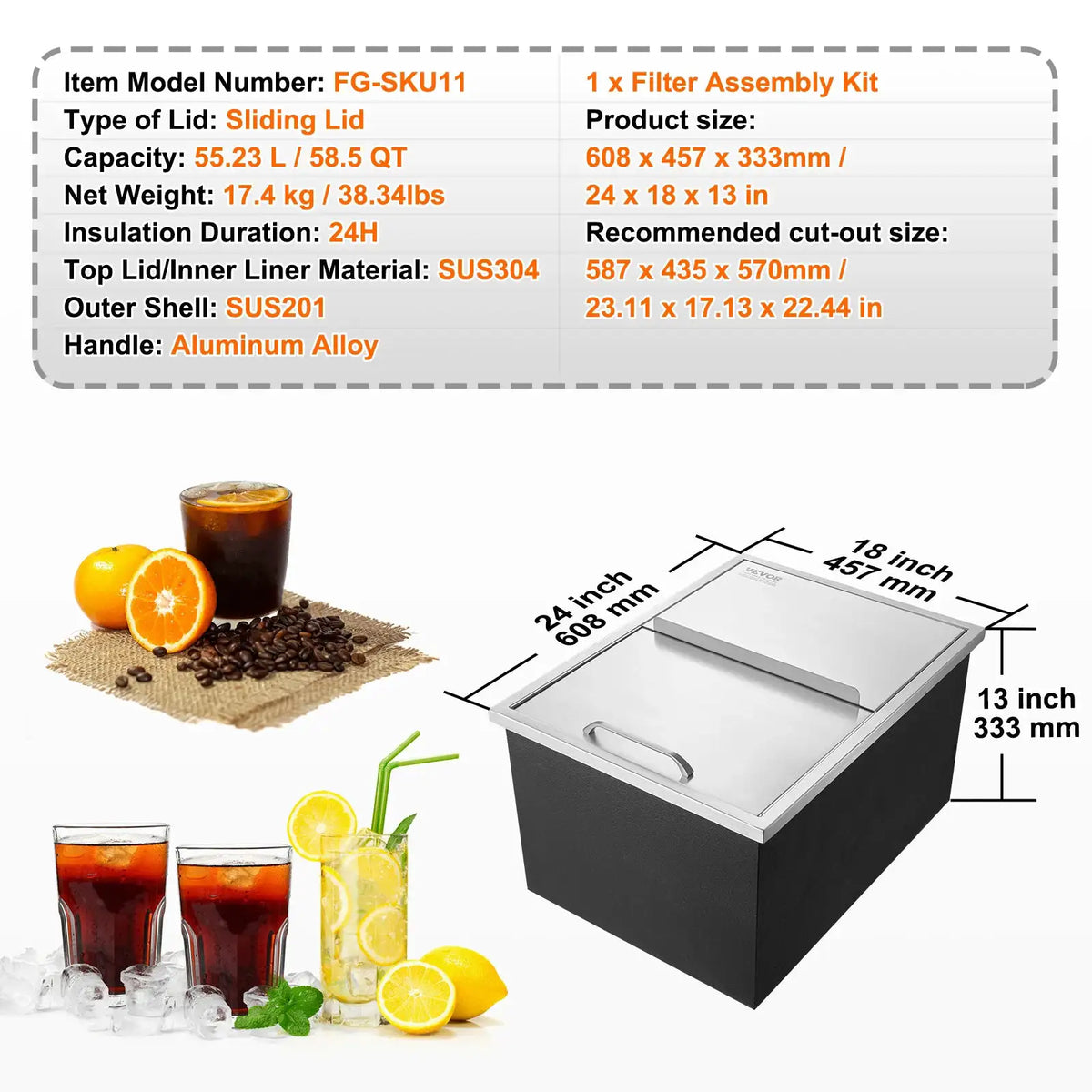 SucceBuy Drop in Ice Chest Stainless Steel Ice Cooler Commercial — product view 10