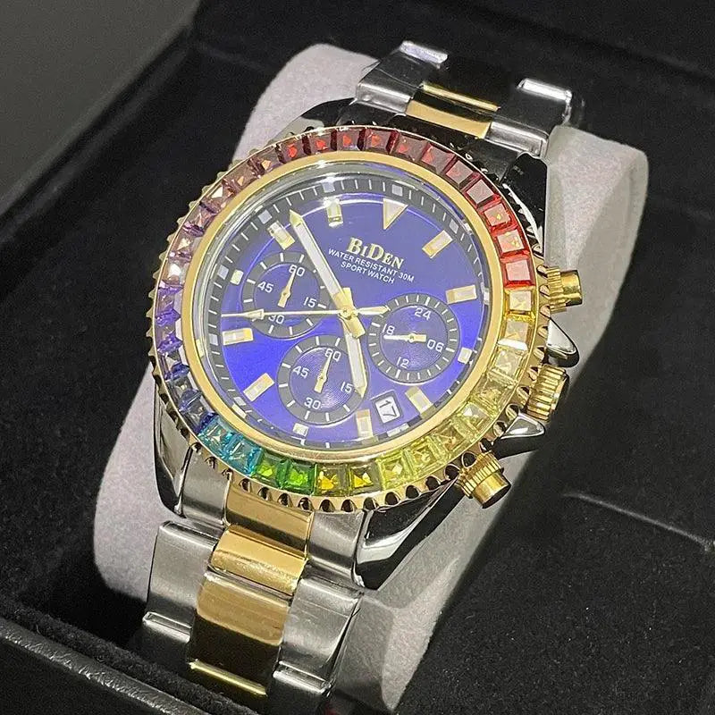 Rainbow Diamond Gold Watch For Men Stylish Timepiece