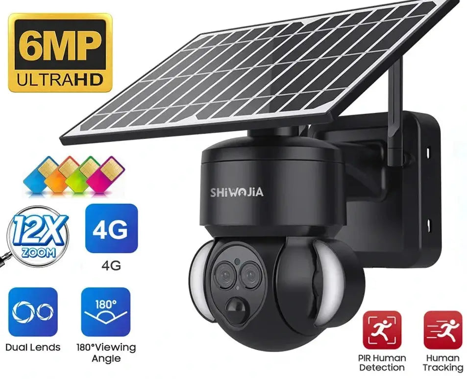 Shiwojia 6MP Solar Camera With 4G Sim Card Outdoor 12X Zoom