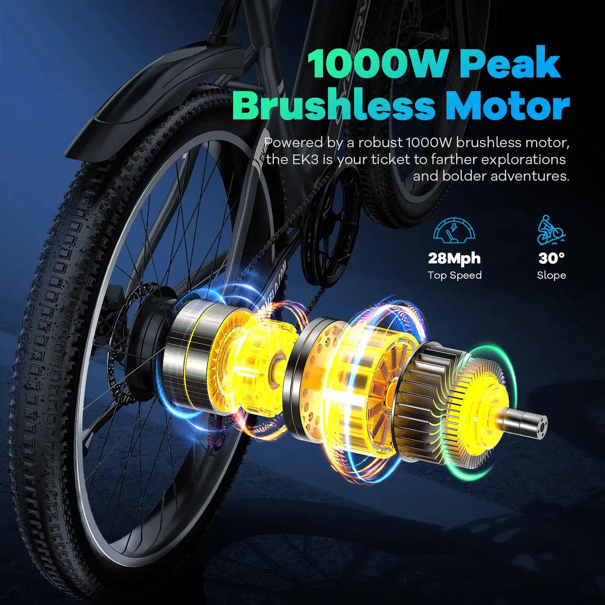 Cybervelo 26" Adult Electric Bicycle 1000W Peak Motor 48V Waterproof Battery 7-Speed Shift for Commute Beach Snow Women's And Men's EK3