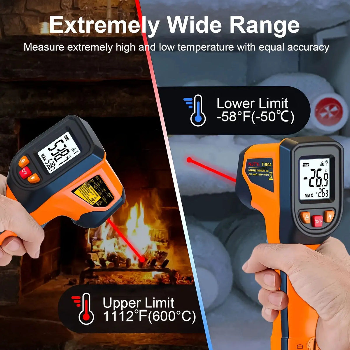 NJTY Infrared Thermometer Handheld Temperature Gun Non-Contact Laser Heat Tester -50-600°C for Industrial Home Automobile Use