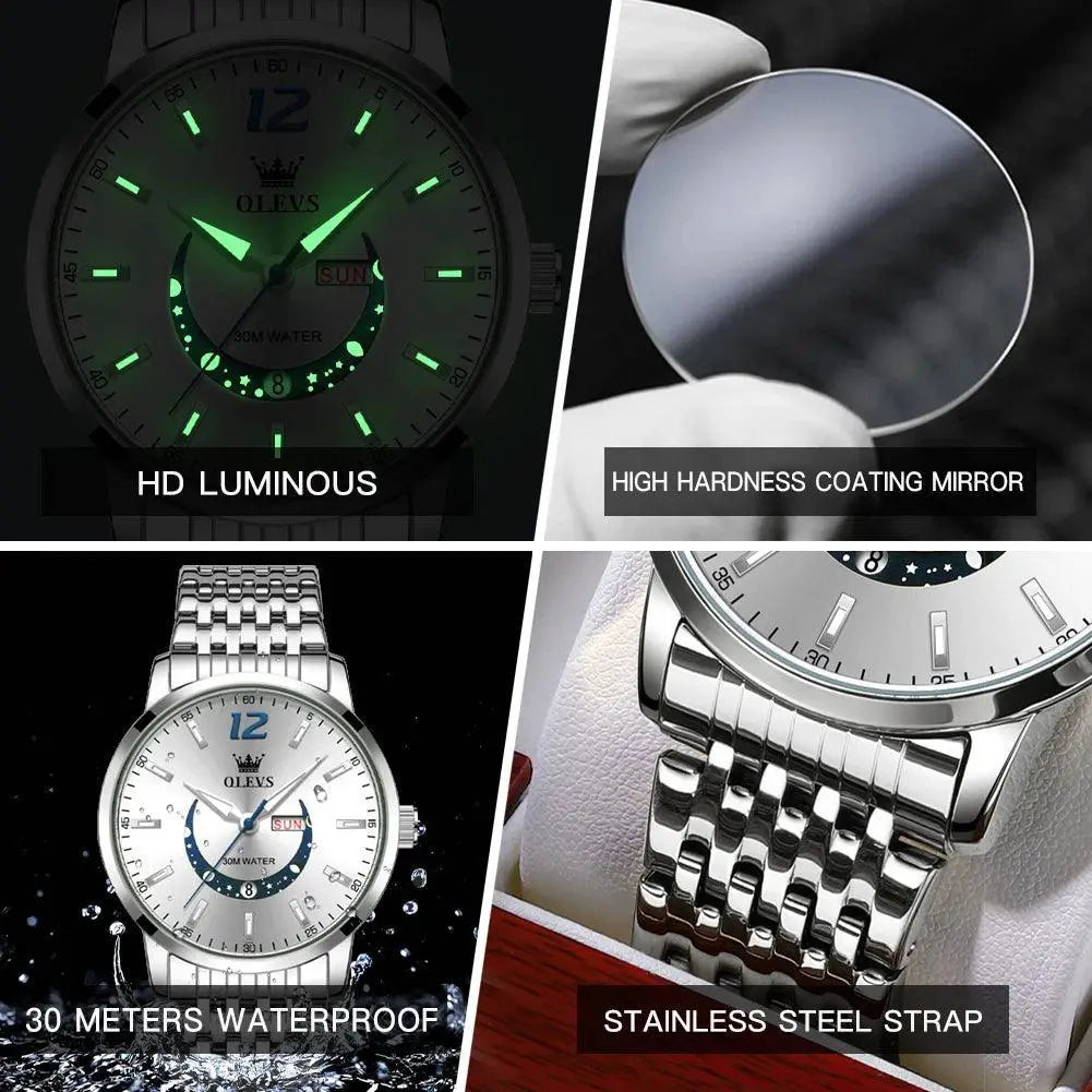 OLEVS Mens Crescent Quartz Watch Water Resistant Timepiece