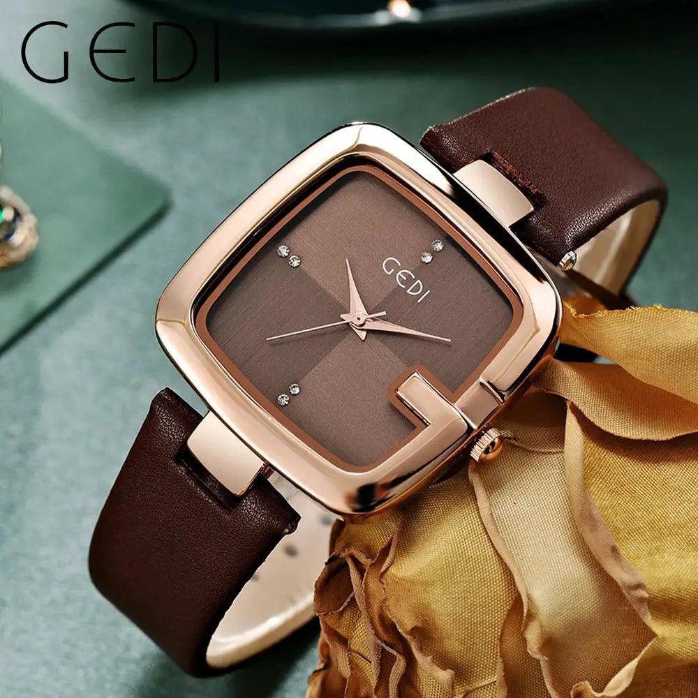 Square Women's Quartz Watch With Brown Leather Strap