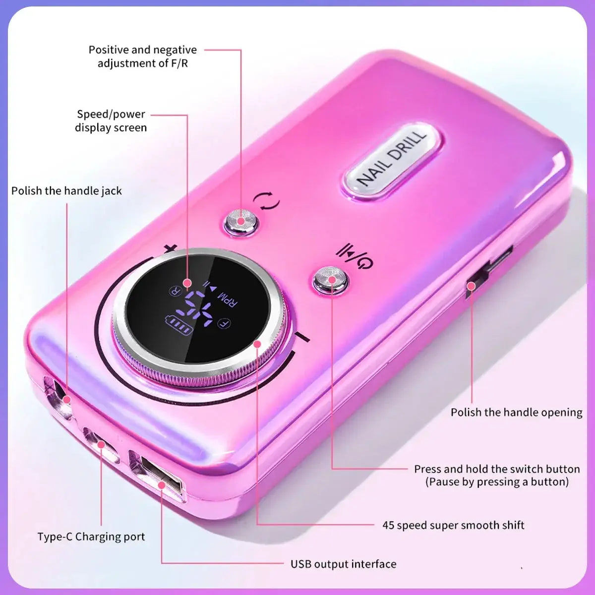 45000 RPM Electric Nail Drill Portable Nail File Home Salon