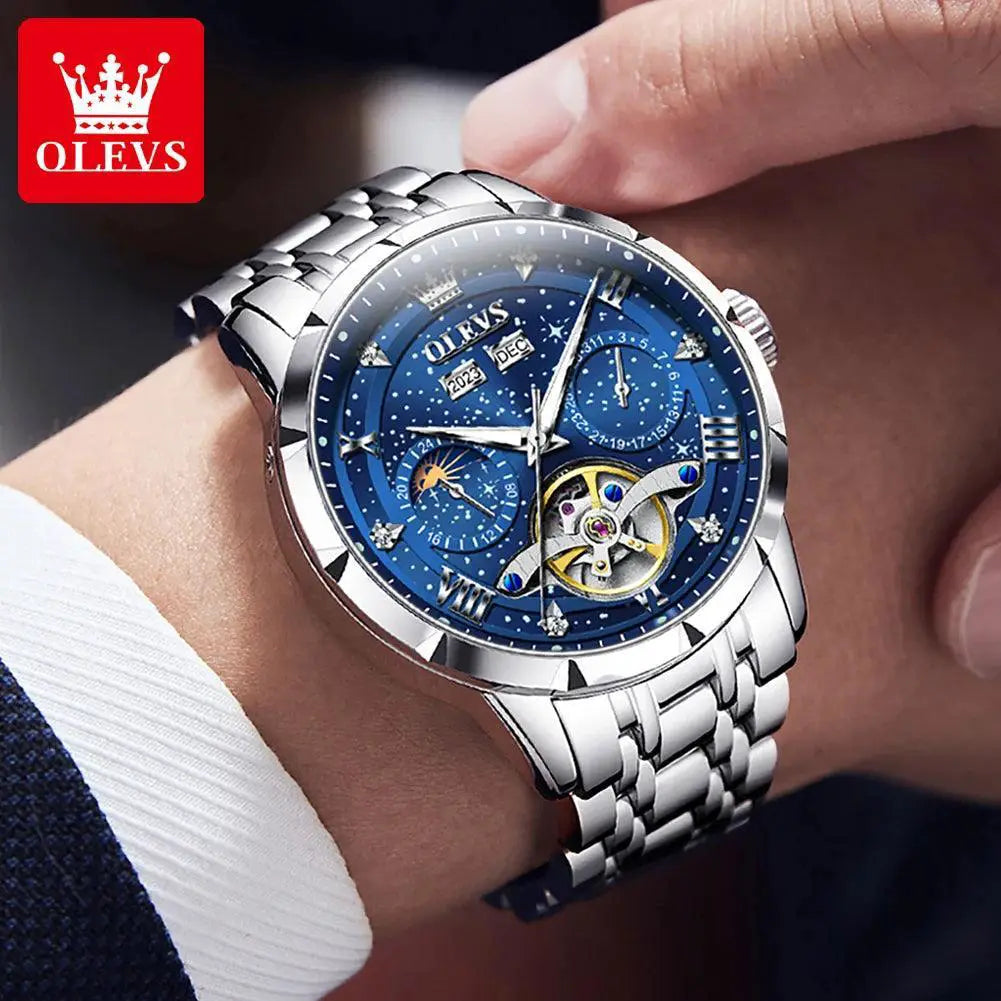OLEVS Mens Moon Phase Hollow Flywheel Luxury Wristwatch