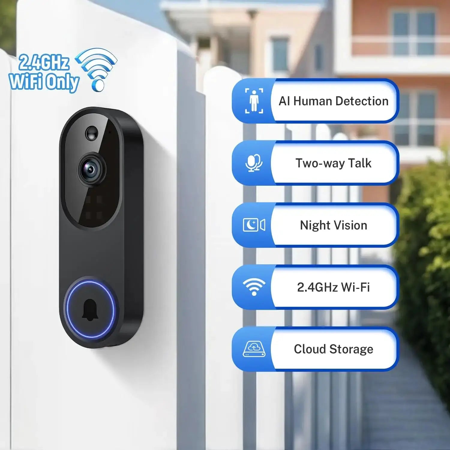 1080p Wireless Wi-Fi Video Doorbell Camera with Two-Way Audio, Night Vision, Cloud Storage, AI Motion Detection, 2.4GHz Wi-Fi by stepyours.com