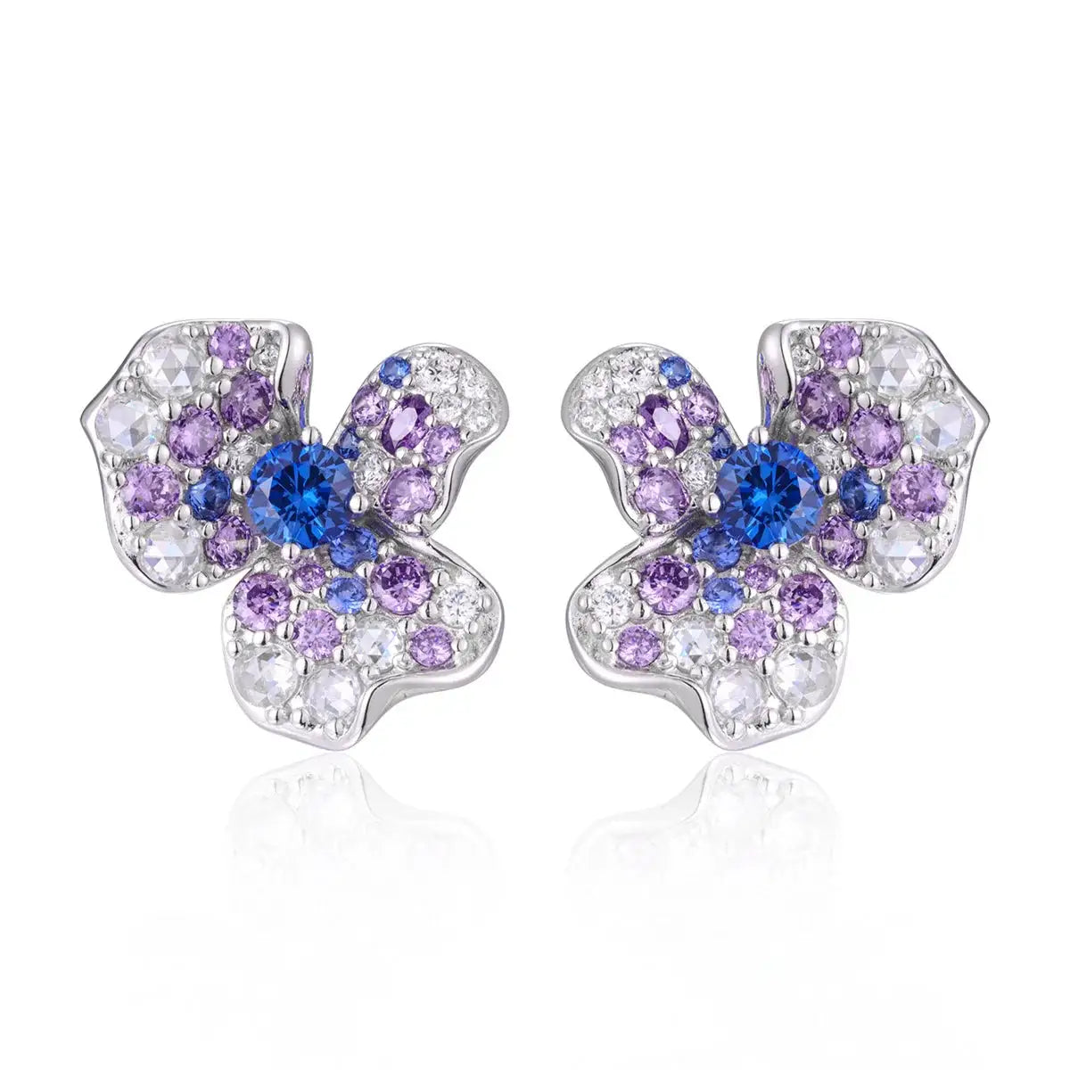 925 Sterling Silver Four Leaf Clover Flower Moissanite Stud Earrings for Women, Multi-color Purple & Blue Inlaid Moissanite Statement Earrings, Shiny Mixed Cut Stones Ear Studs, Fashion Fine Jewelry, Anniversary Birthday Gift