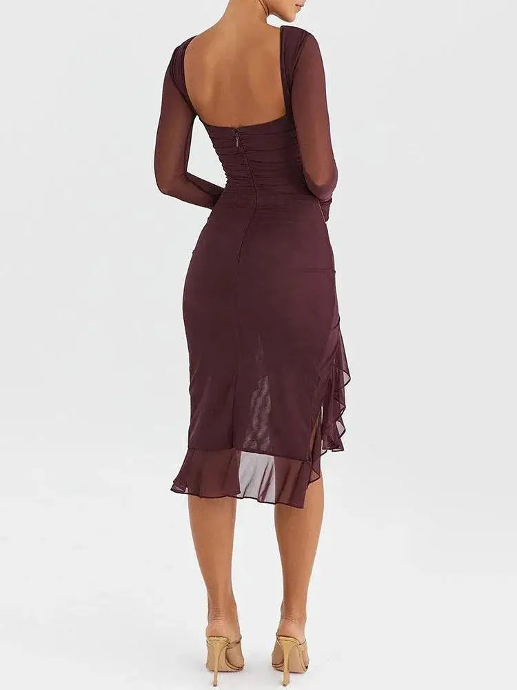 Elegant Sheer Sleeve Ruched Midi Dress For Women Fashion