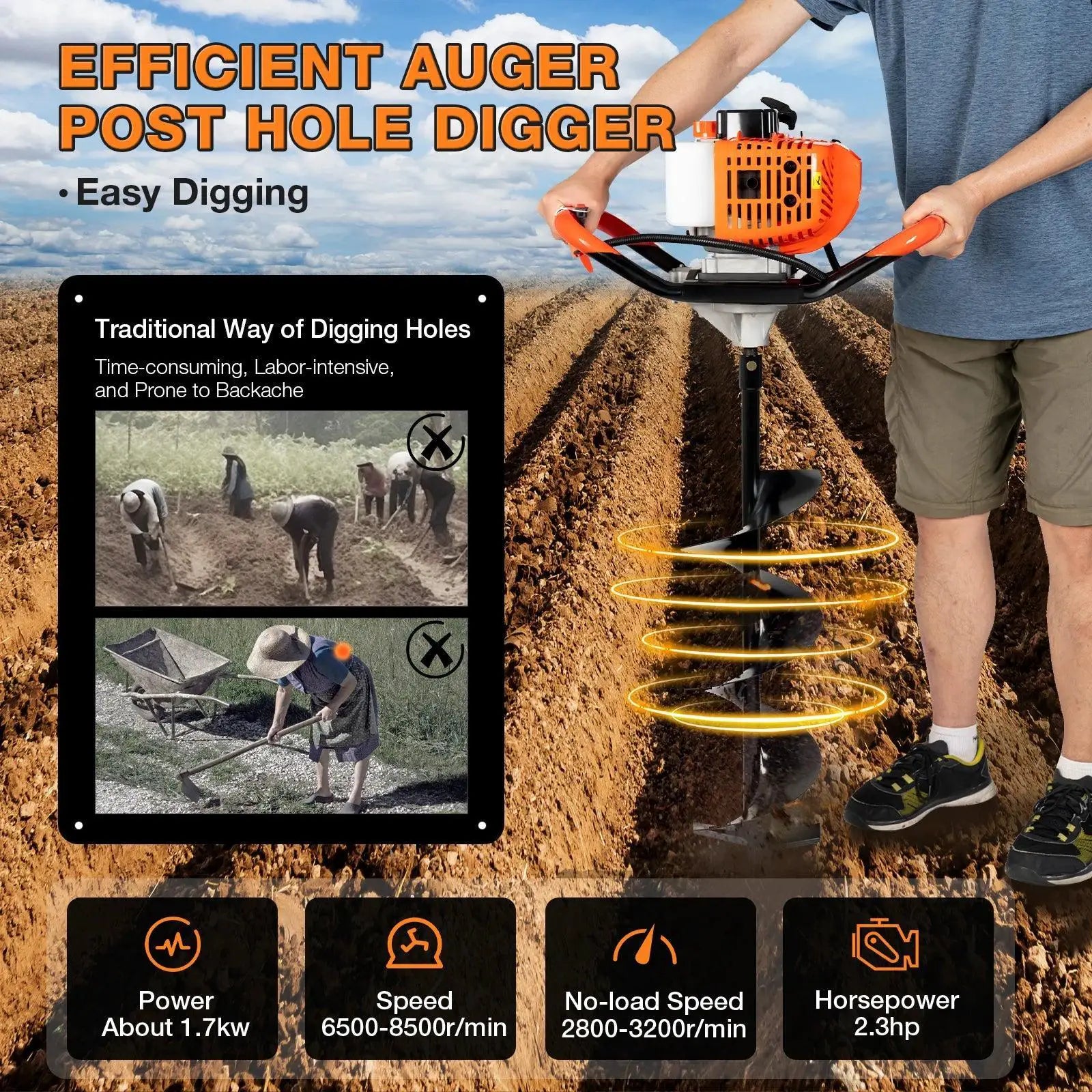 Gas Powered Post Hole Auger 2.3HP 52CC Digger Set Pro Grade
