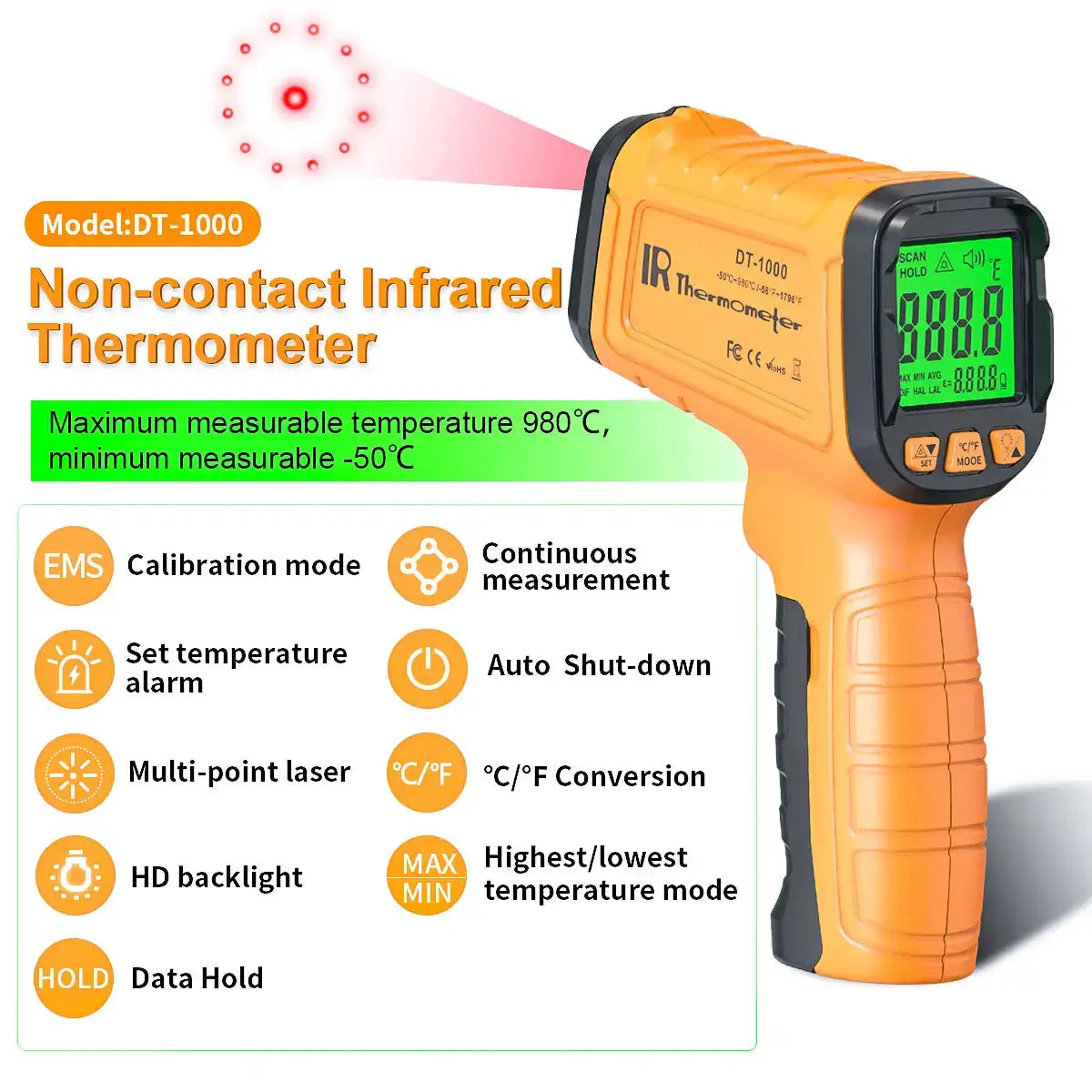 1pc Infrared Thermometer High Temp Thermometer Pyrometer Non Contact Digital Dual Laser Pointers Flashlight IR Temperature Gun