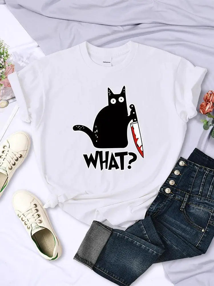 Urban Chic Black Cat Knife Print Tee For Women Fashion