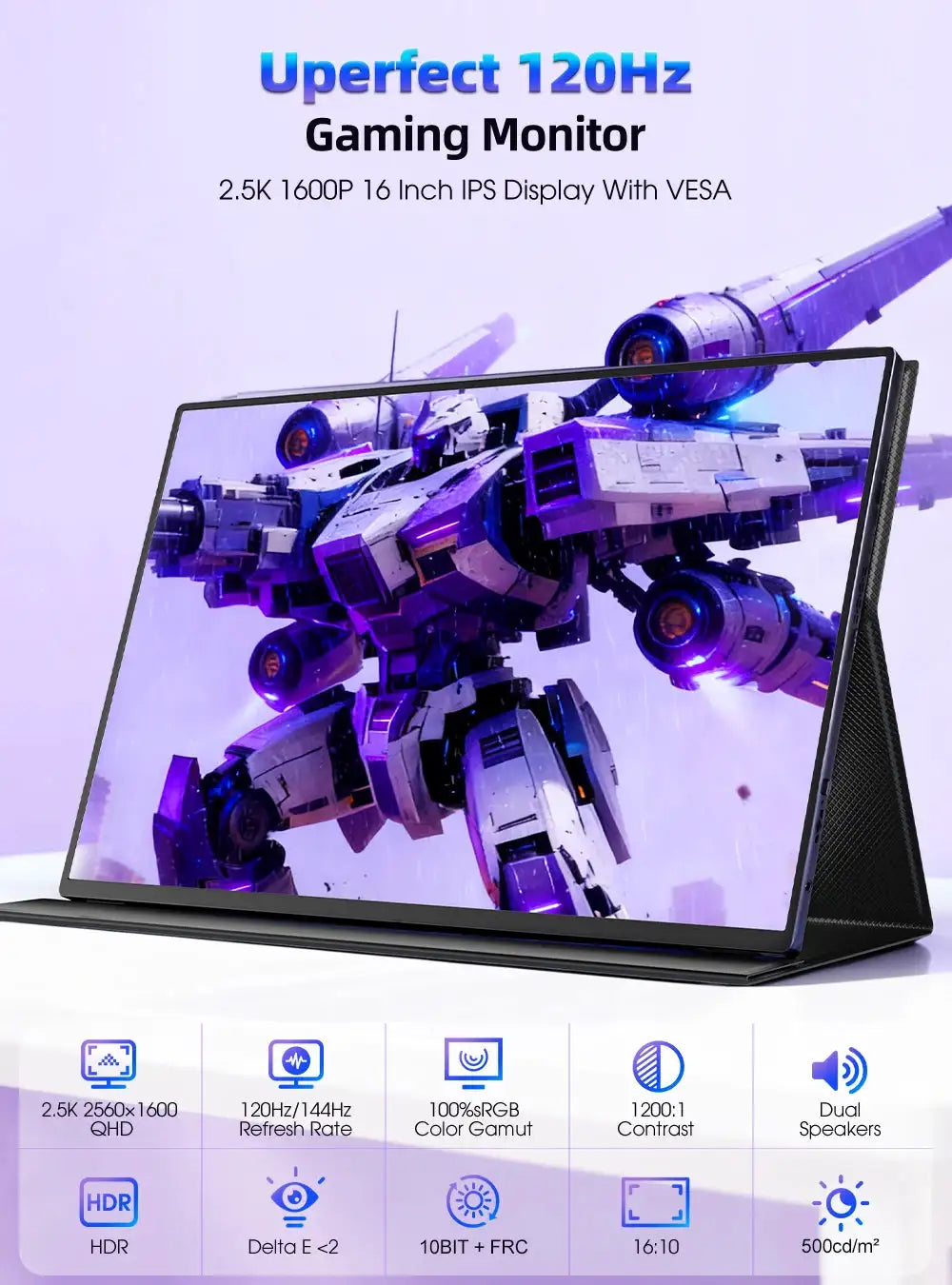 UPERFECT 16" 2K Portable Monitor 2560*1600 16:10 100%sRGB 500Cd/m² 120Hz Gaming Display For Xbox PS5 Switch Laptop Mac Phone