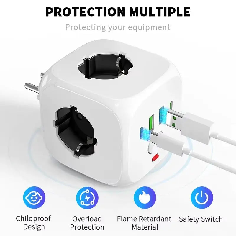 1 7-in-1 EU power strip, power strip surge protector with 3 AC Outlets 2 USB Ports And 2Type C, Cube Socket for Home