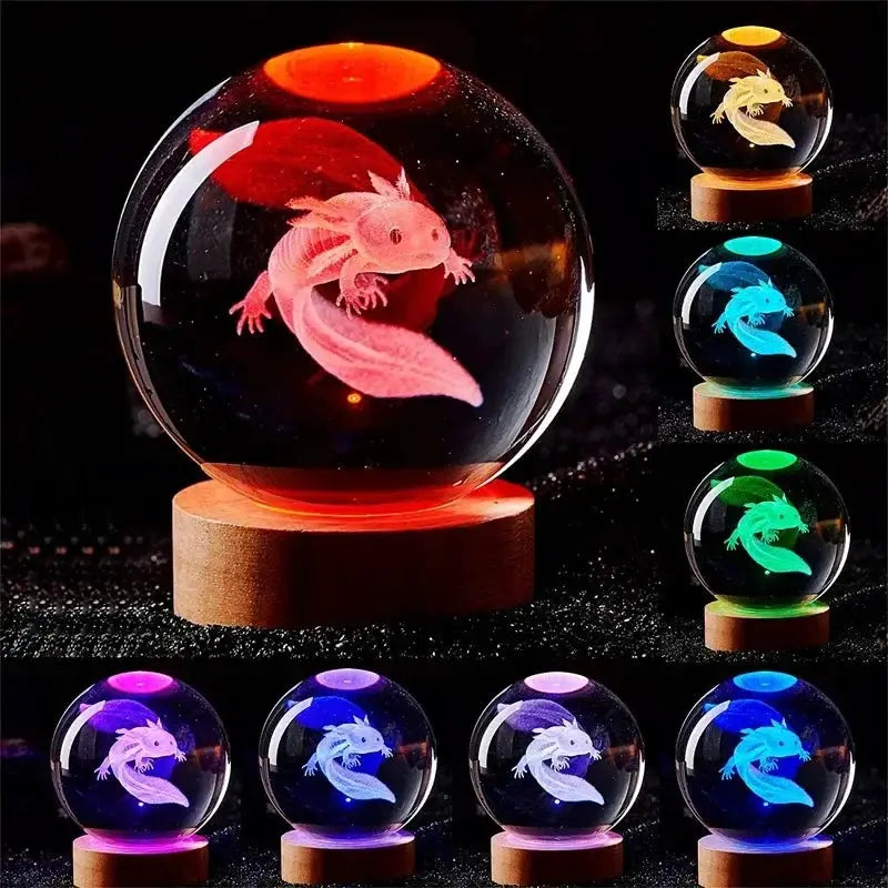 3D Axolotl Laser Engraved Crystal Ball Coloured Night Light