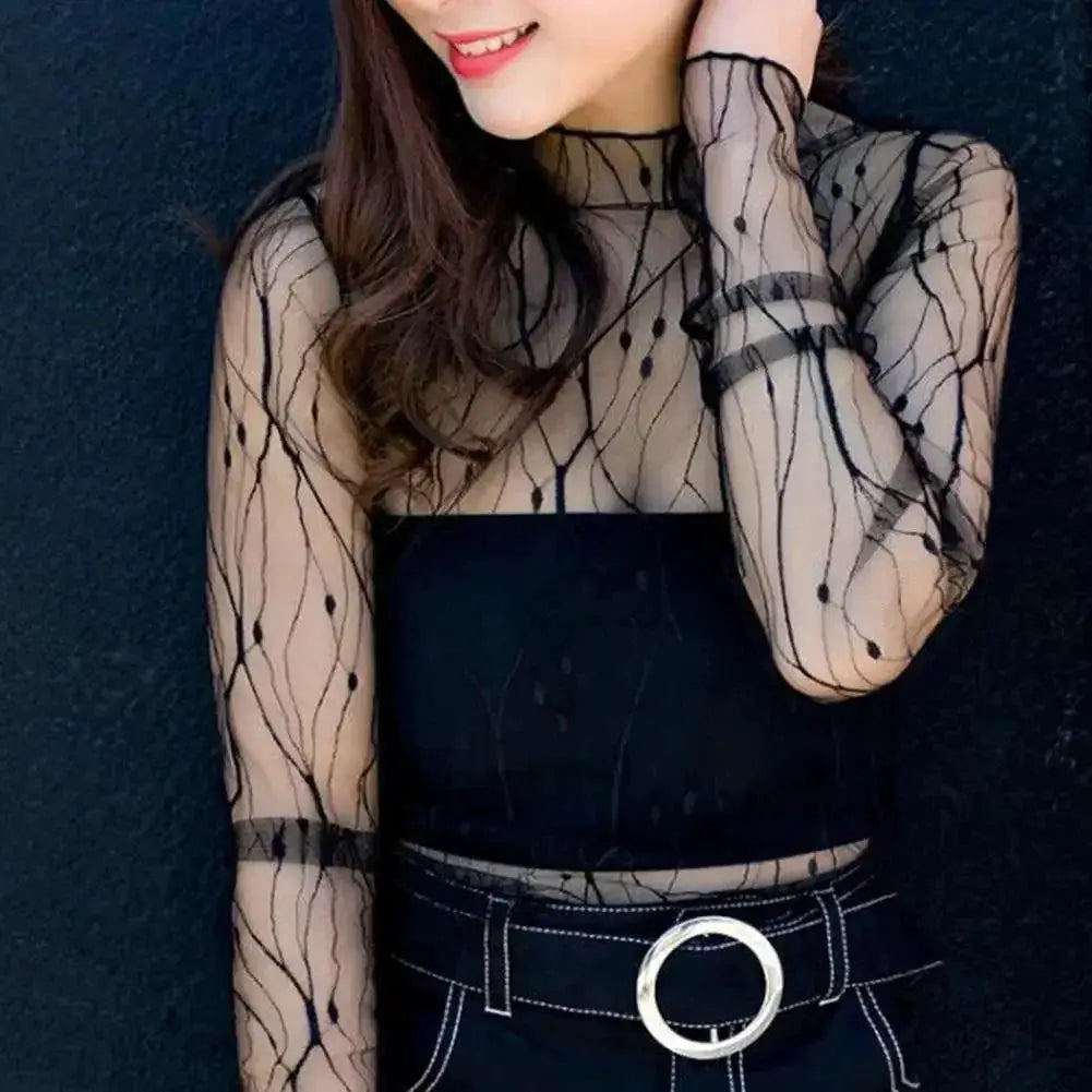 Elegant Lace Floral Turtleneck Top Black Bouquet Fashion