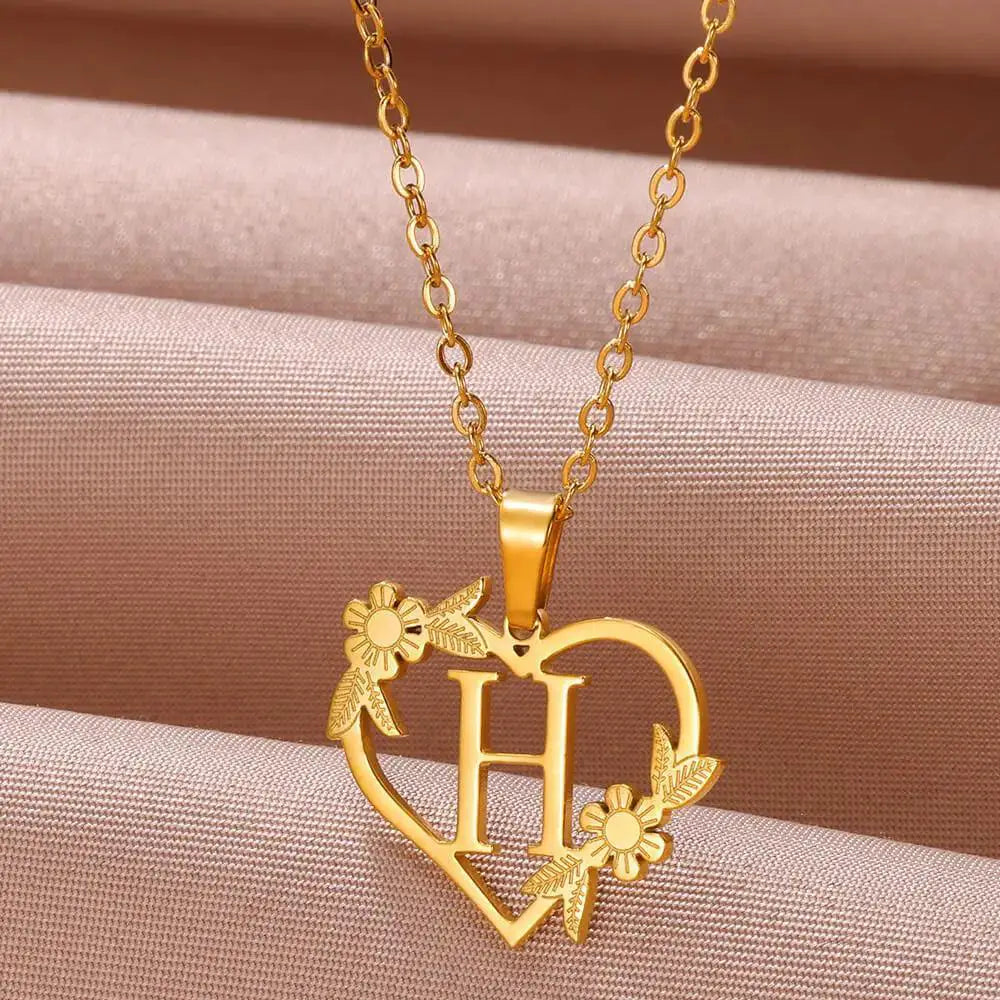 Golden Floral Heart Choker Necklace Alphabet Jewelry