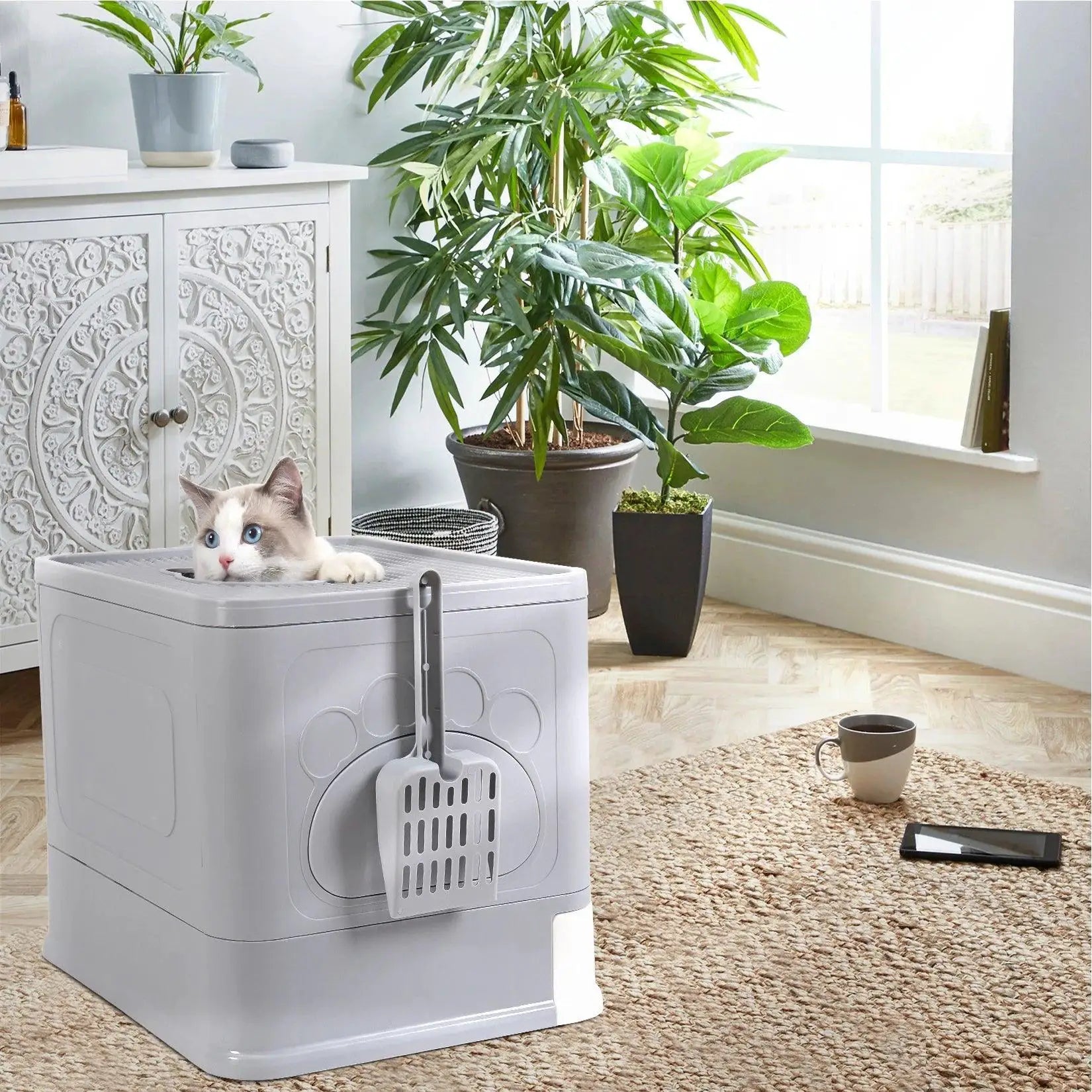 Cat Litter Box Fully Enclosed And Foldable Top Entry