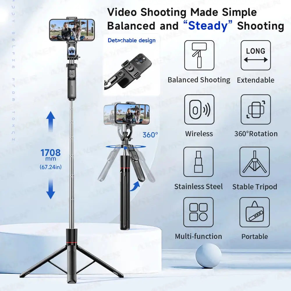 F16 Selfie Stick Tripod with 1708mm Long 8-Section Pole, Bluetooth Remote, 360° Rotation, 1/4 Interface, for Phone Camera Vlog