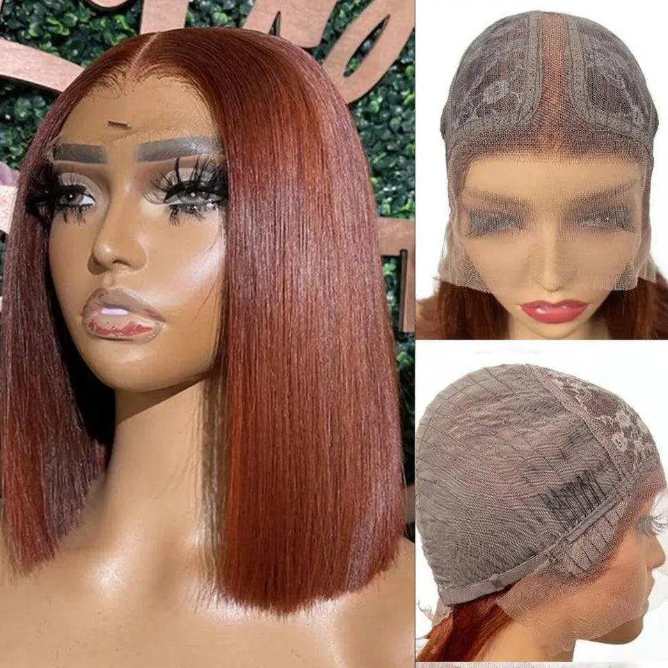 Chic Reddish Brown Bob Wig Peruvian Straight Hair 12 Inch
