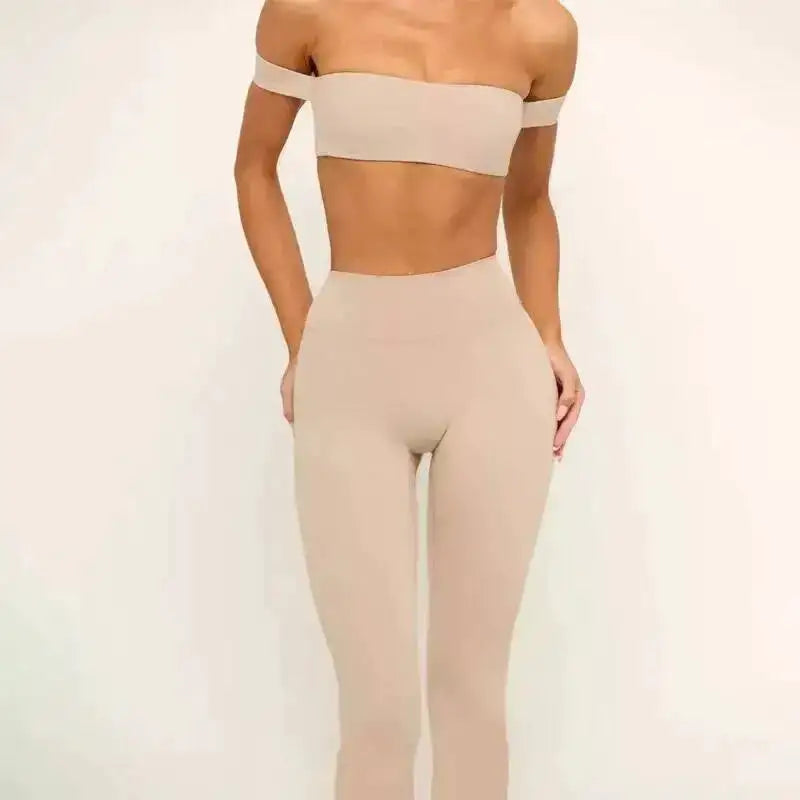 PMWRUN Women's Off - the - Shoulder Yoga Crop Top with High Waist Leggings Set, Stretchy and Breathable for Gym & Workout