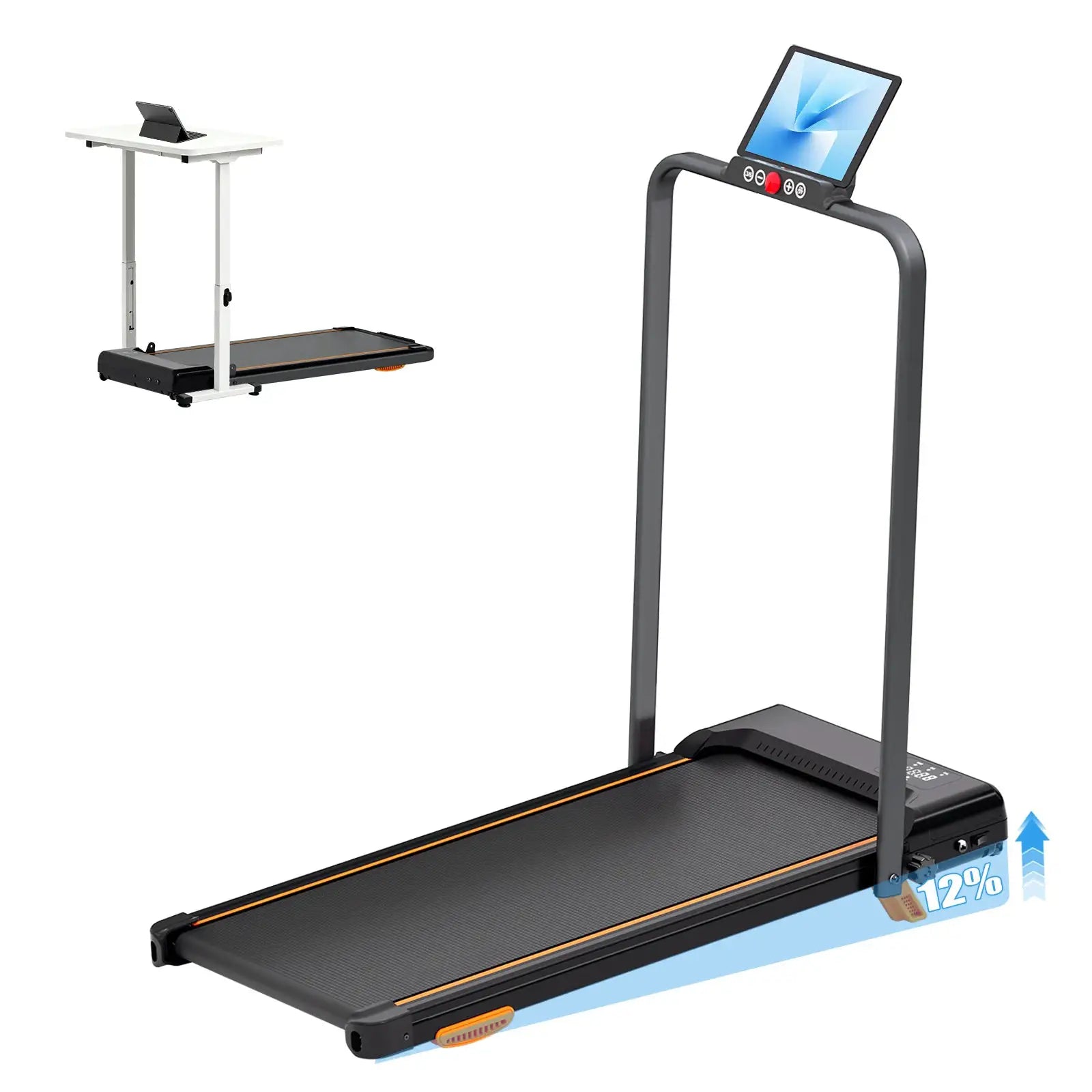 3.0HP Foldable Treadmill with 12% Incline, 0.6-8MPH Quiet Motor, 330LBS Load Capacity, Shock Absorption Design, Foldable Handrail & Wheels, LED Display Tablet Holder, Multi-Mode Home Office Under Desk Walking Pad
