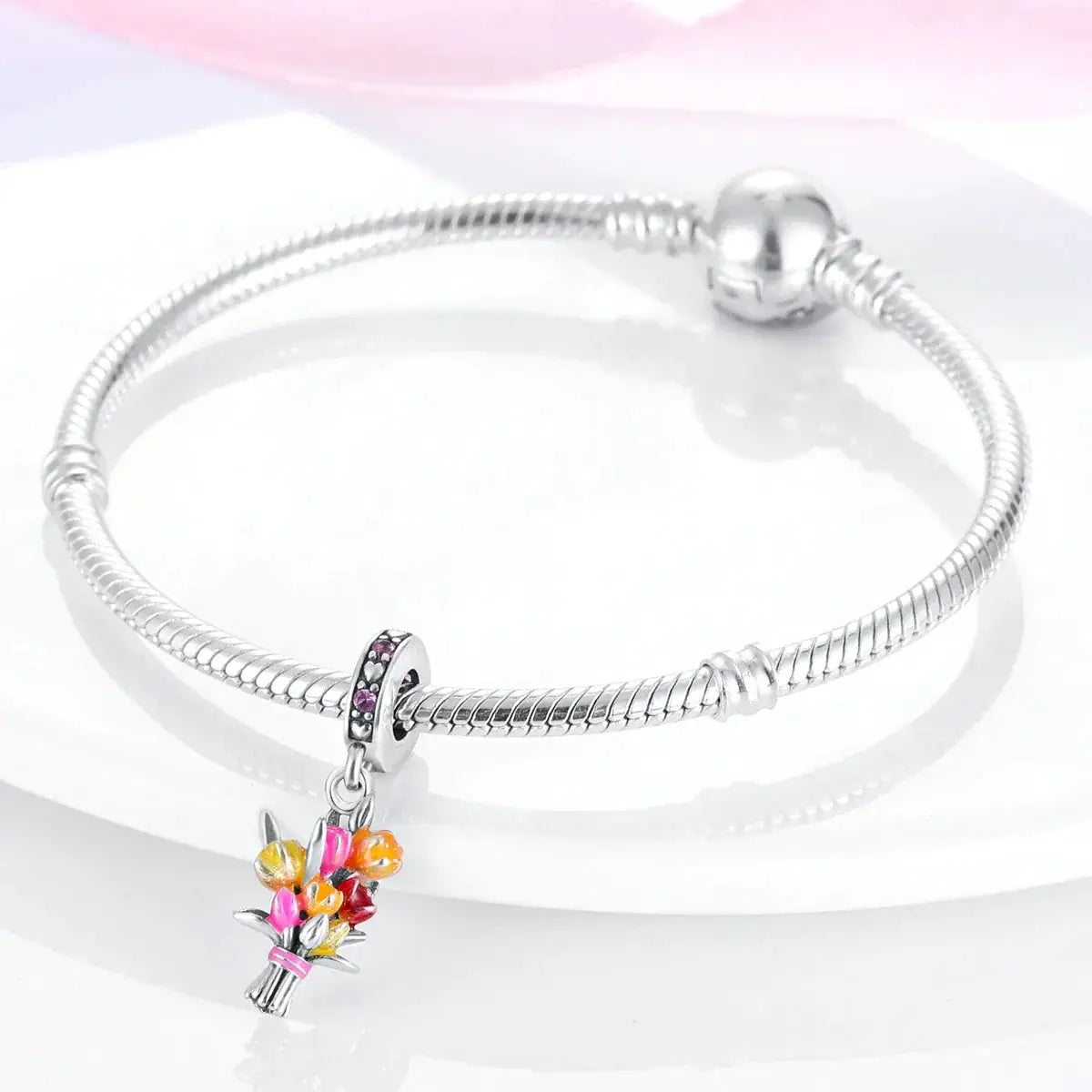 Silver Plated Charm Beads Pink Butterfly Flower For Jewelry