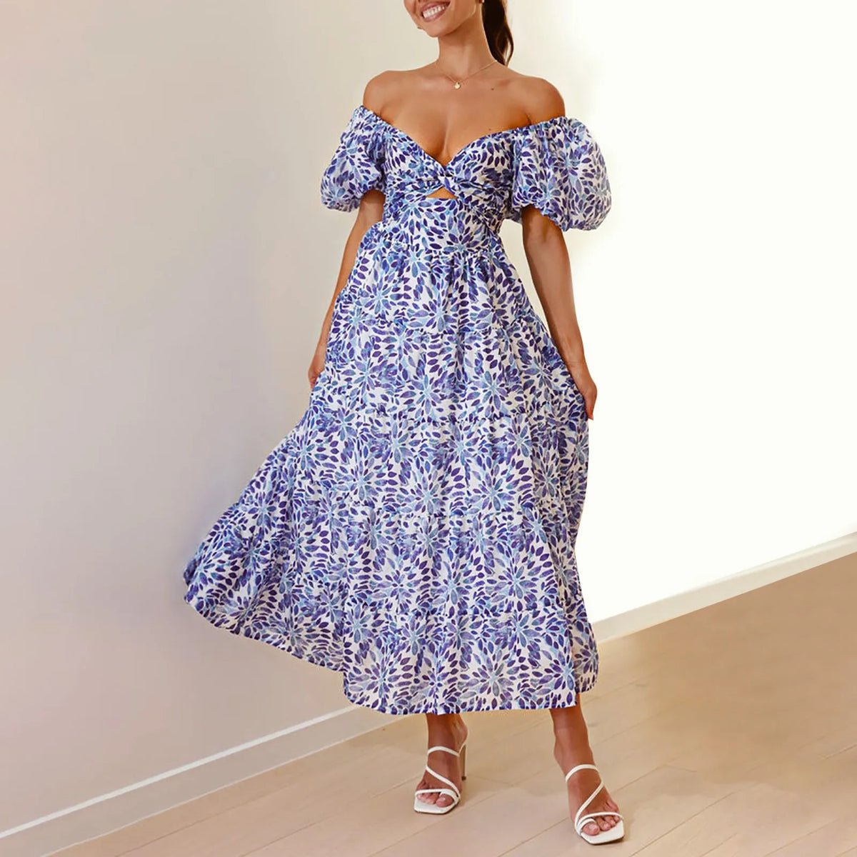 Floral Cutout Puff Sleeve Dress