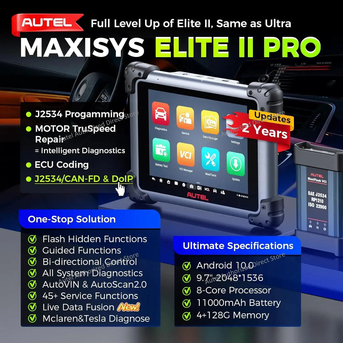 Autel MaxiSYS Elite II PRO TOP Diagnostic Tools J2534 ECU Programming Coding, Automotive Scanner Motor TruSpeed, 2 Years Update