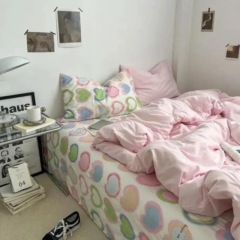 Ins Heart Floral Duvet Cover Set Pillowcases Soft Linens